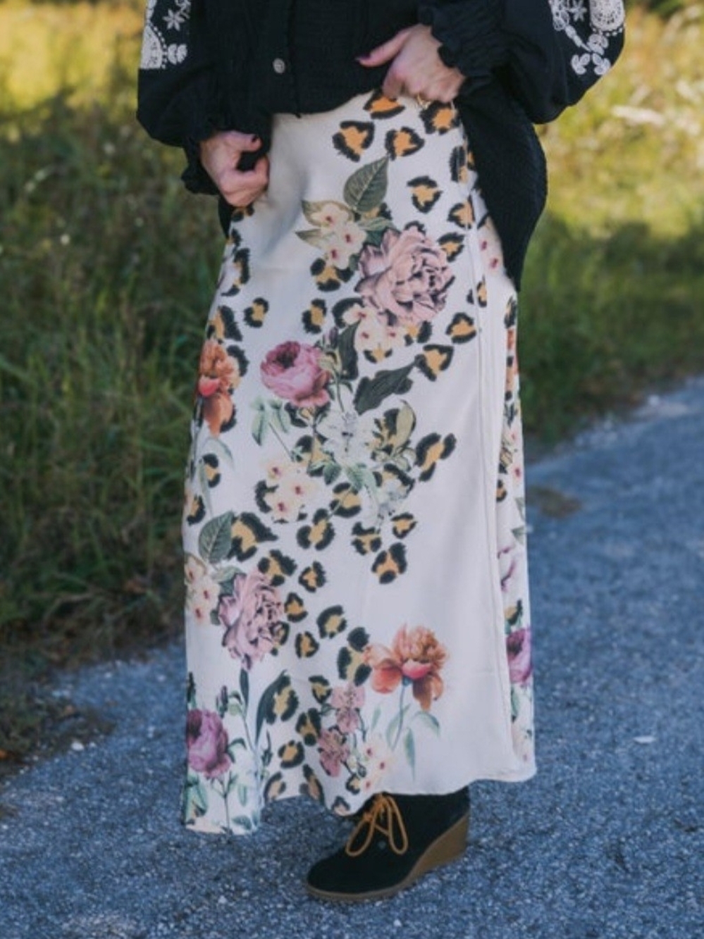 Spotted Garden, Cream Floral & Leopard Print Maxi Skirt